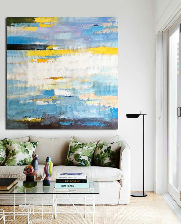 Large Abstract Painting On Canvas,Oversized Contemporary Art,Hand Painted Acrylic Painting,White,Blue,Yellow.etc
